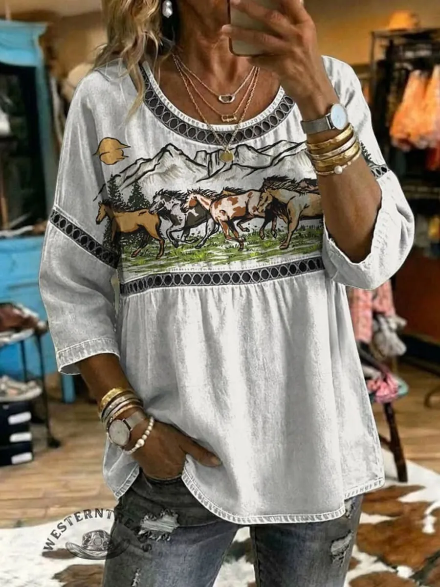 Women's Paisley Print Casual Hollow Denim Shirt