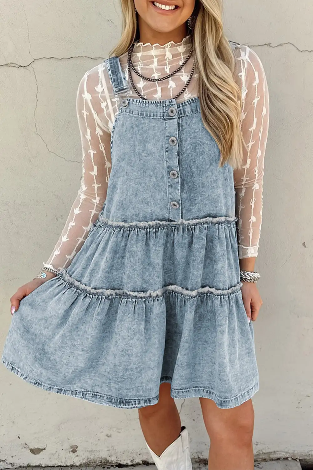 Denim Look Tiered Tie Detail Mini Dress