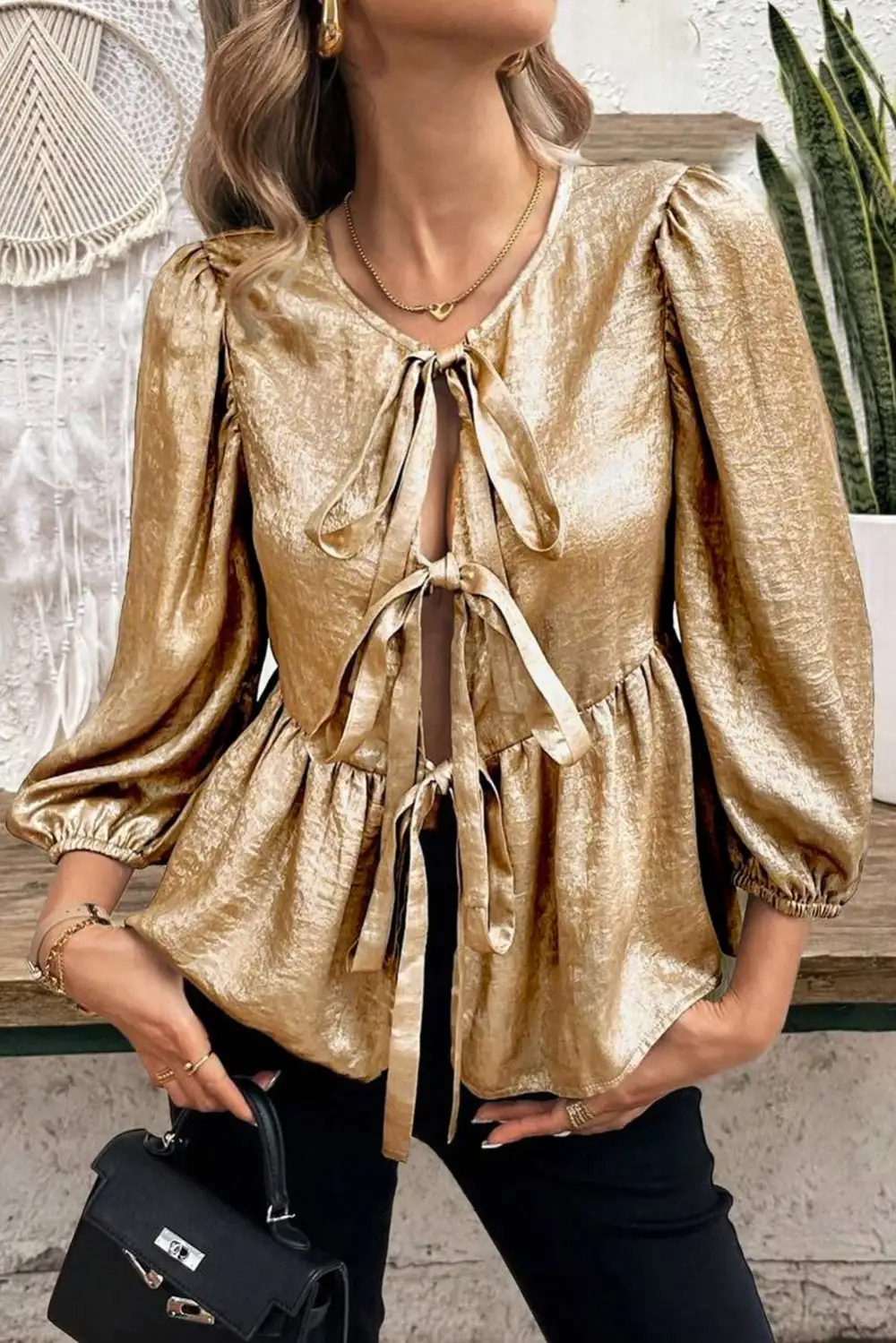 Everyday Ruffled Bow Detail Puff Sleeve Blouse