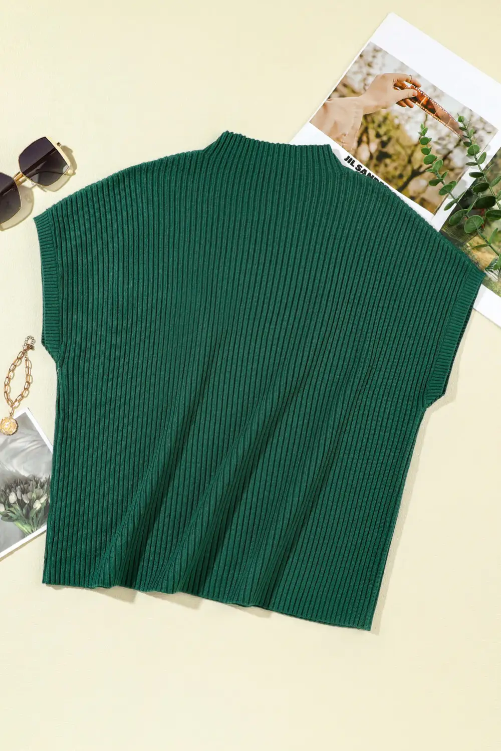 Patch Pocket Ribbed Knit Short Sleeve Textured Layer Sweater