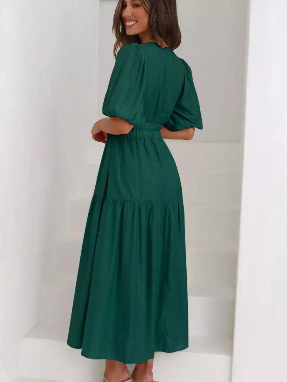 Everyday V-neck Puff Sleeve Midi Dress