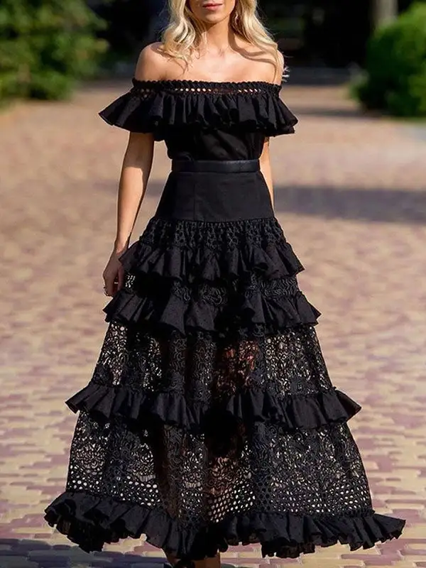Women's Sleeveless Lace Ruffled Boho Maxi Dress
