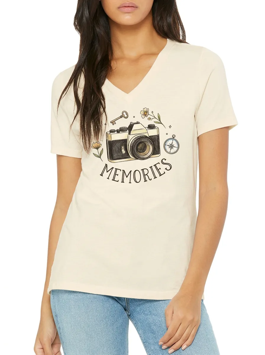 Women's Photography Lover Memories Camera Floral Printed V-neck T-shirt
