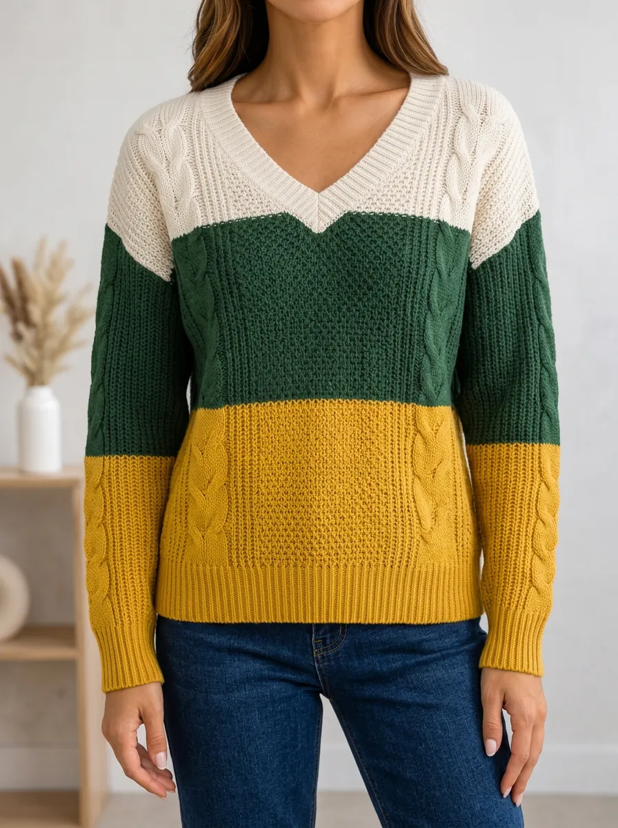 Contemporary Colorblock V Neck Sweater in Cable Knit Texture
