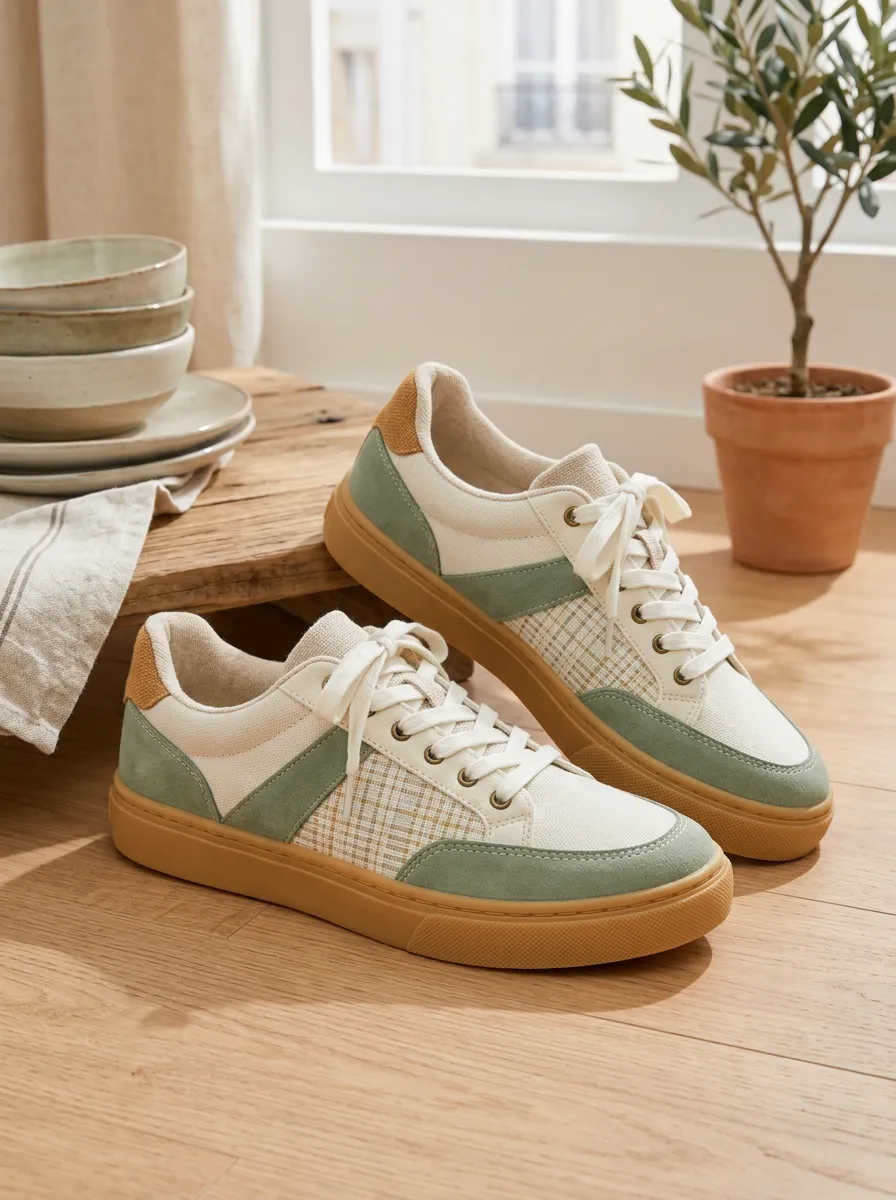 Women's Casual Sage Green Plaid Pattern Printed Sneakers