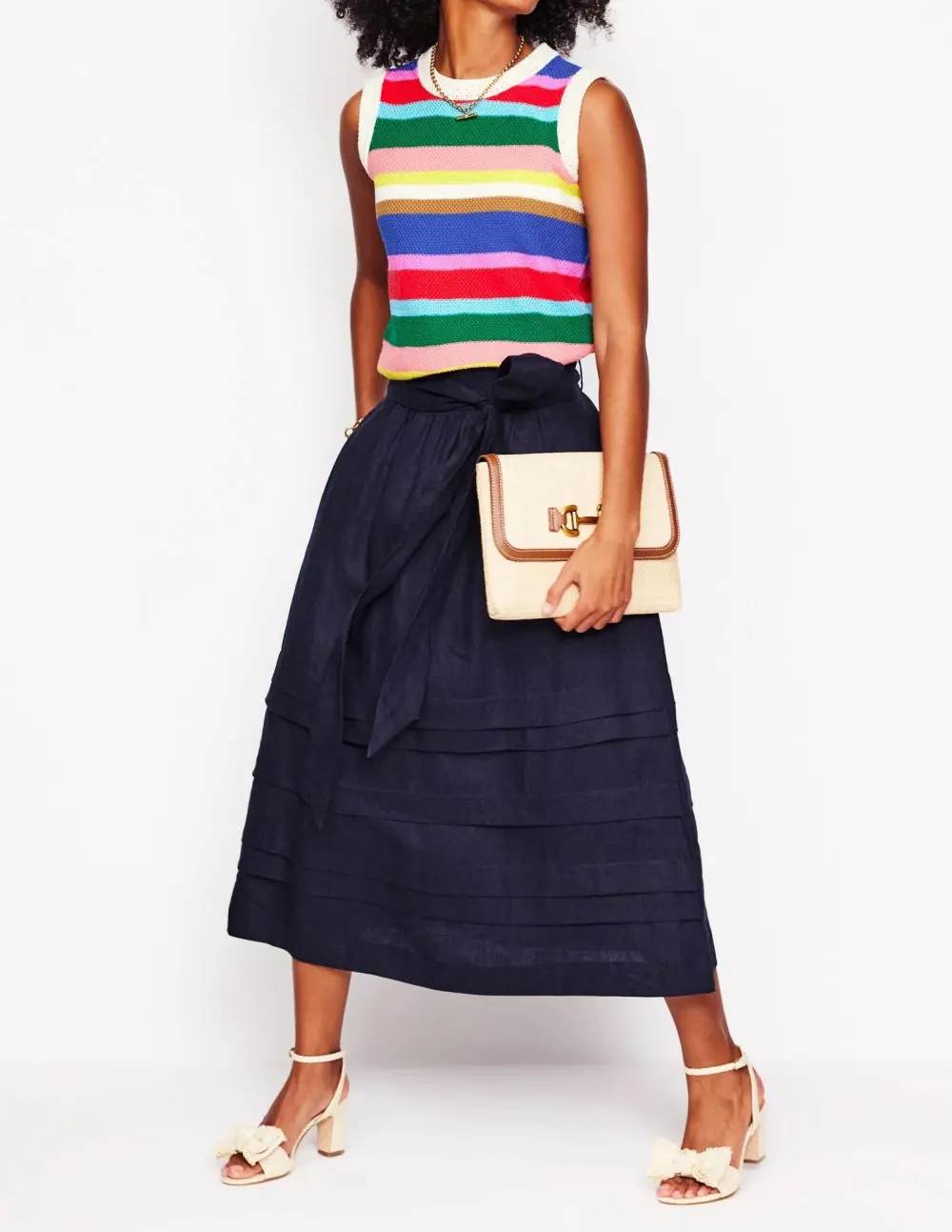 Pintuck Linen Midi Skirt