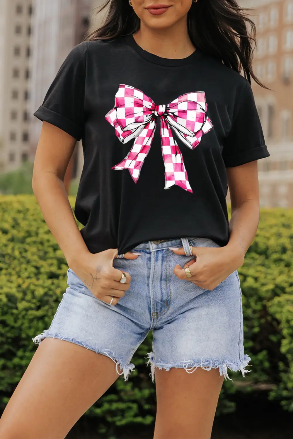 Black Checkerboard Bowknot Graphic Crewneck