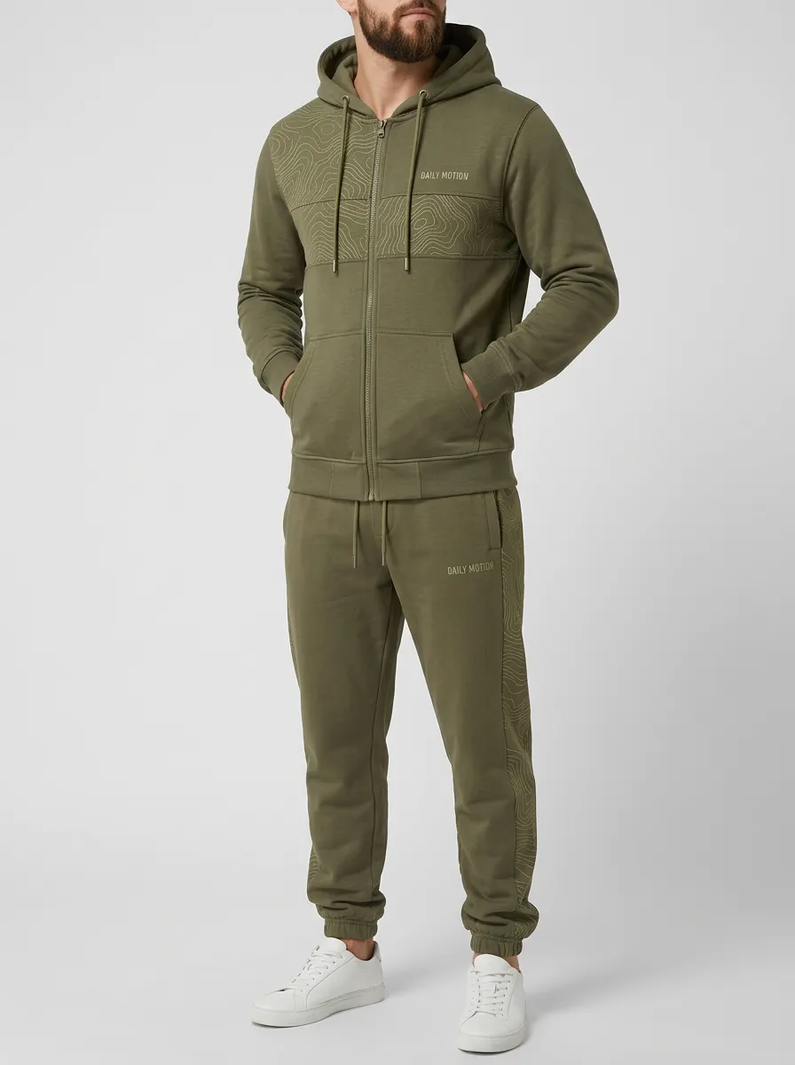 Men's Topographic Map Printed Zip-Up Hoodie Jogger Set