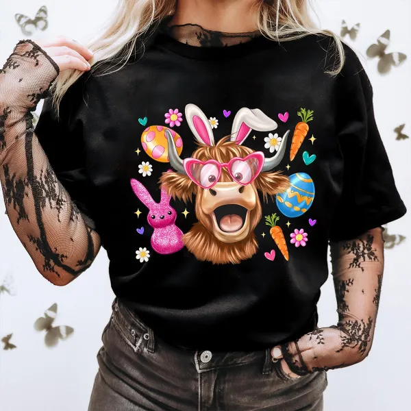  Bunny Highland Cow Eggs Printed Round Neck Short Sleeve T-Shirt
