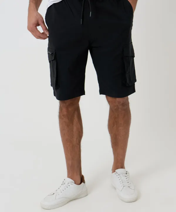 Black Elastic-Waist Stretch Cargo Shorts