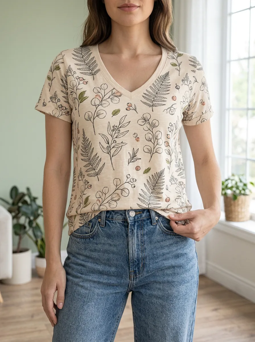 Women's Botanical Nature Lover Fern Leaf Printed V-Neck T-Shirt