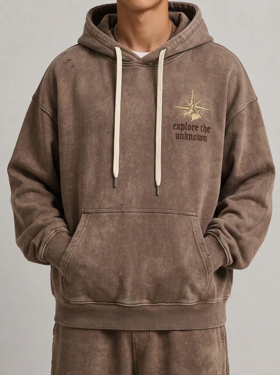 Men's Adventure Explore The Unknown Compass Mountain Printed Hoodie