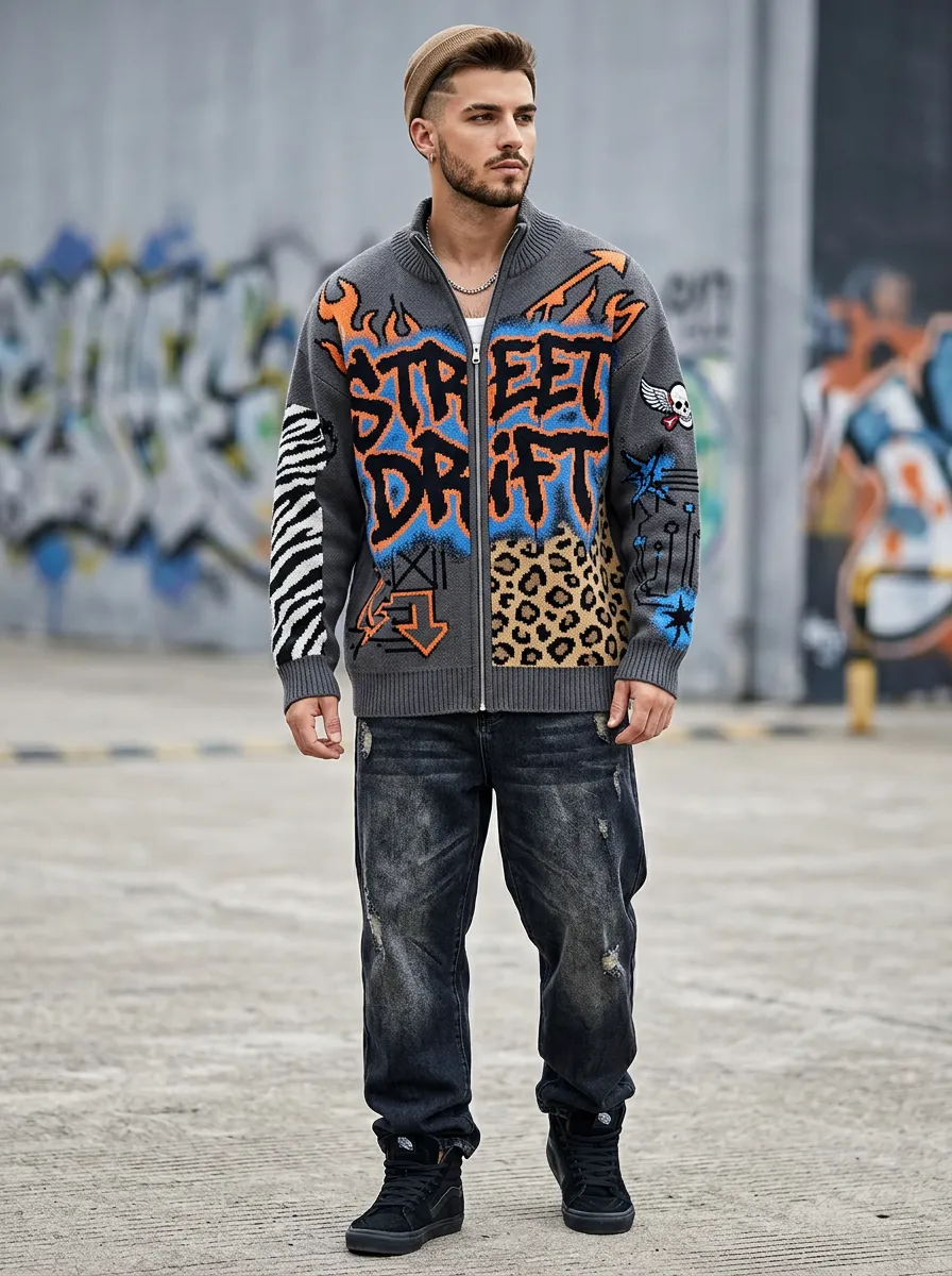 Men's Street Drift Graffiti Leopard Zebra Printed Zip-up Cardigan