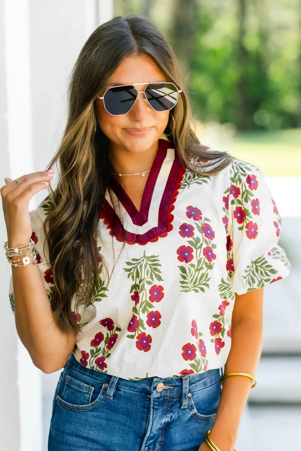 White Floral Short Bubble Sleeve Blouse