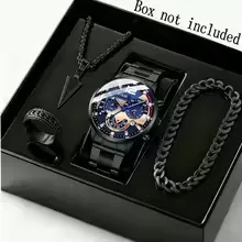 4pcs/set Men's Watch and Triangle Spearhead Necklace Set Combo - Luxury Analog Quartz Wristwatch Date Casual Business Watch