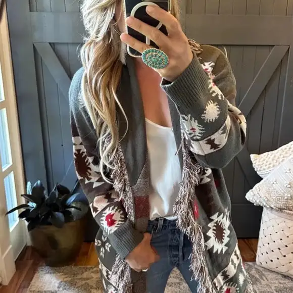 Everyday Western Geometric Fringed Oversized Cardigan