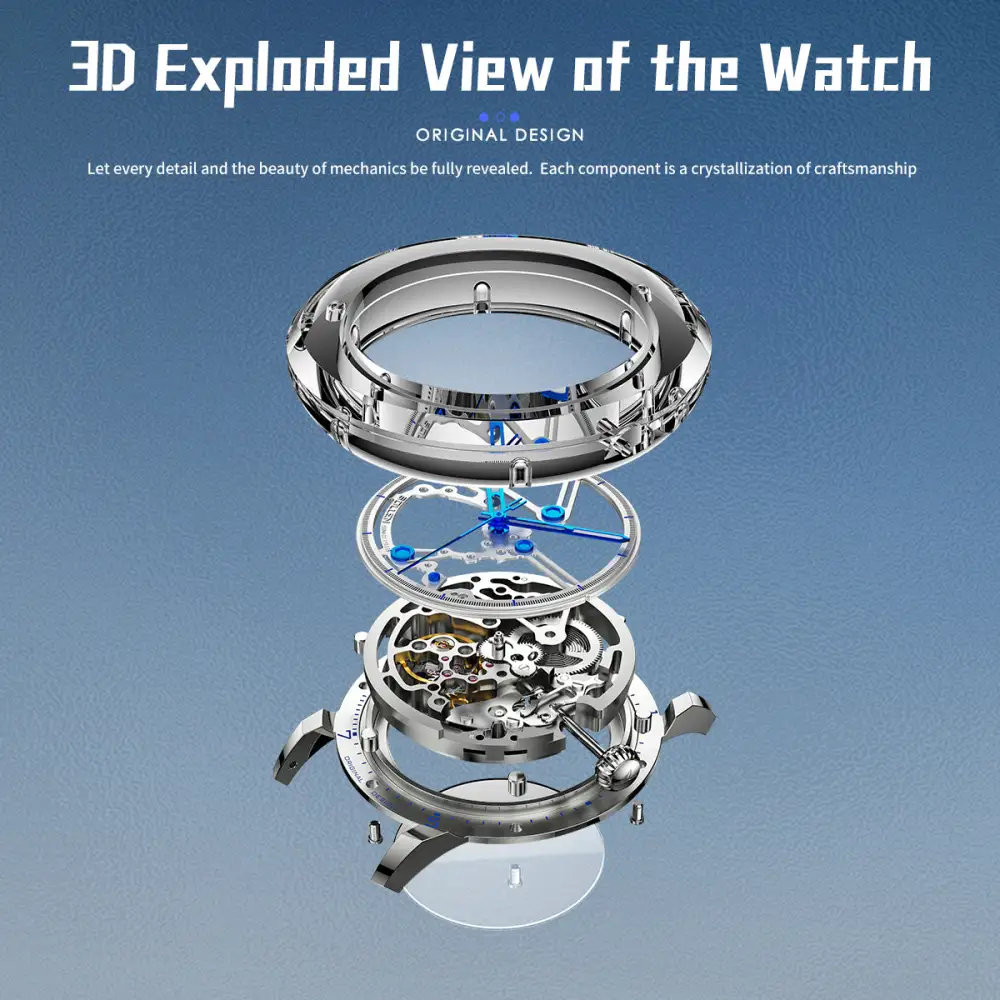 Sollen SL320 Men's Full Skeleton Automatic Mechanical Watch - 42mm K9 Glass Case Sandblasted Open Dial Fluororubber Strap Wristwatch
