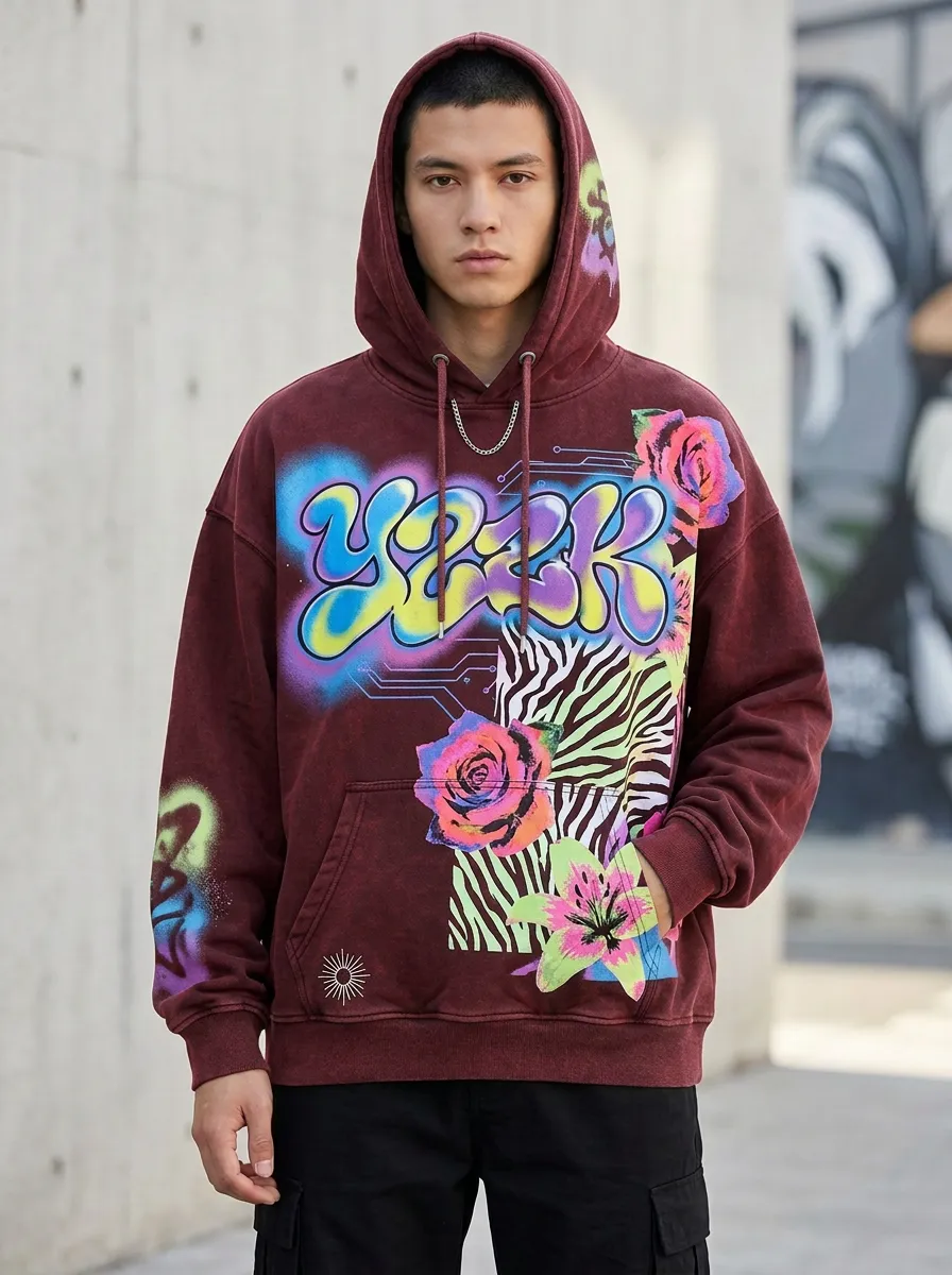 Unisex Streetwear Y2K Graffiti Rose Zebra Graphic Hoodie