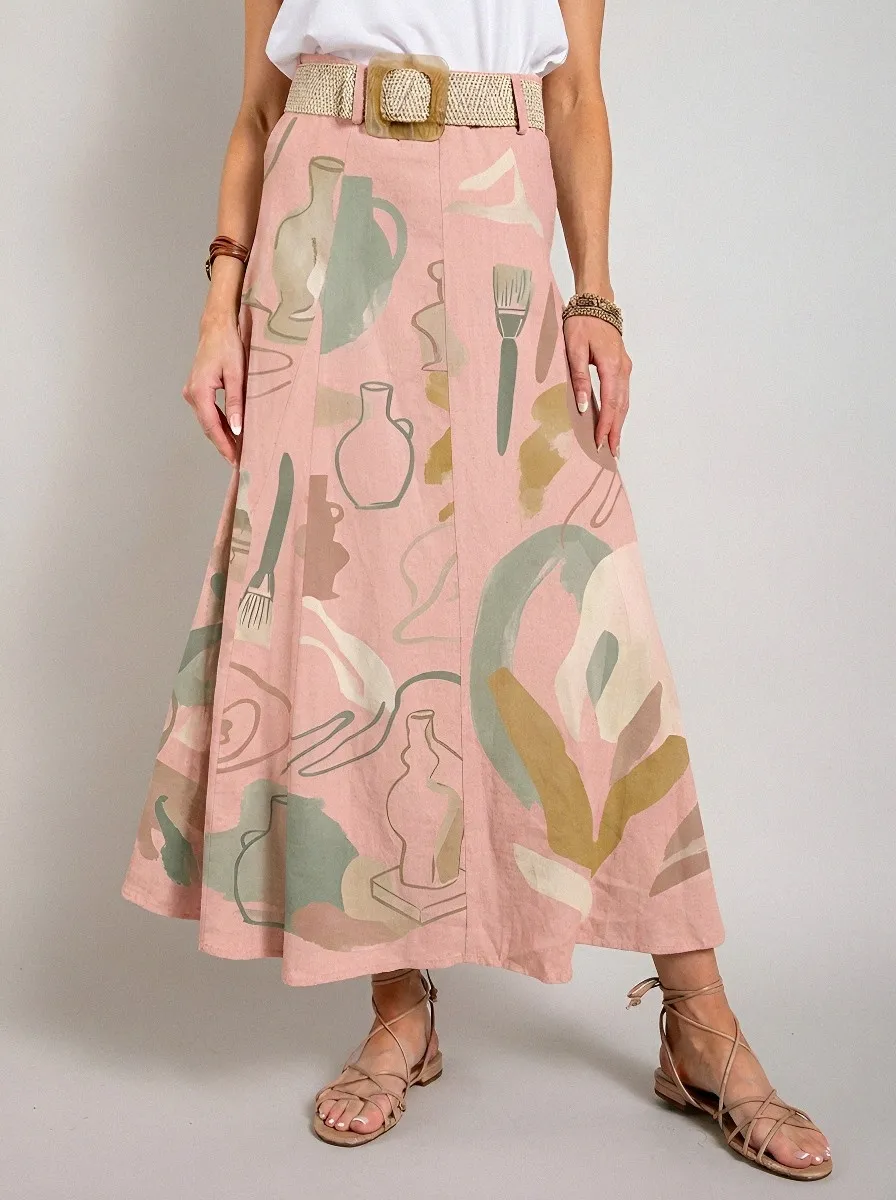 Women's Pottery Art Lover Abstract Vase Printed Midi Skirt