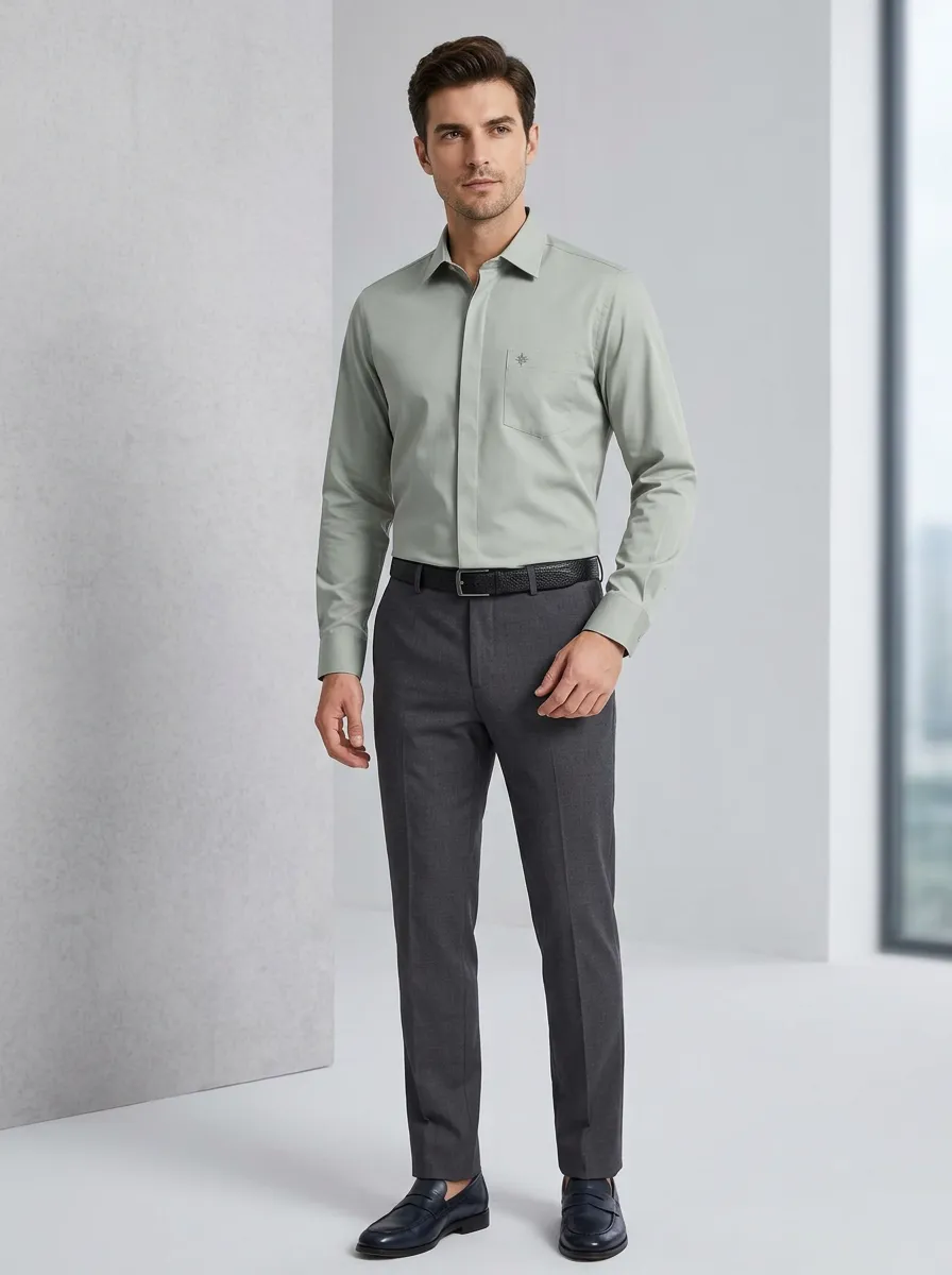 Men's Non-Iron Cotton Sage Green Embroidered Logo Dress Shirt