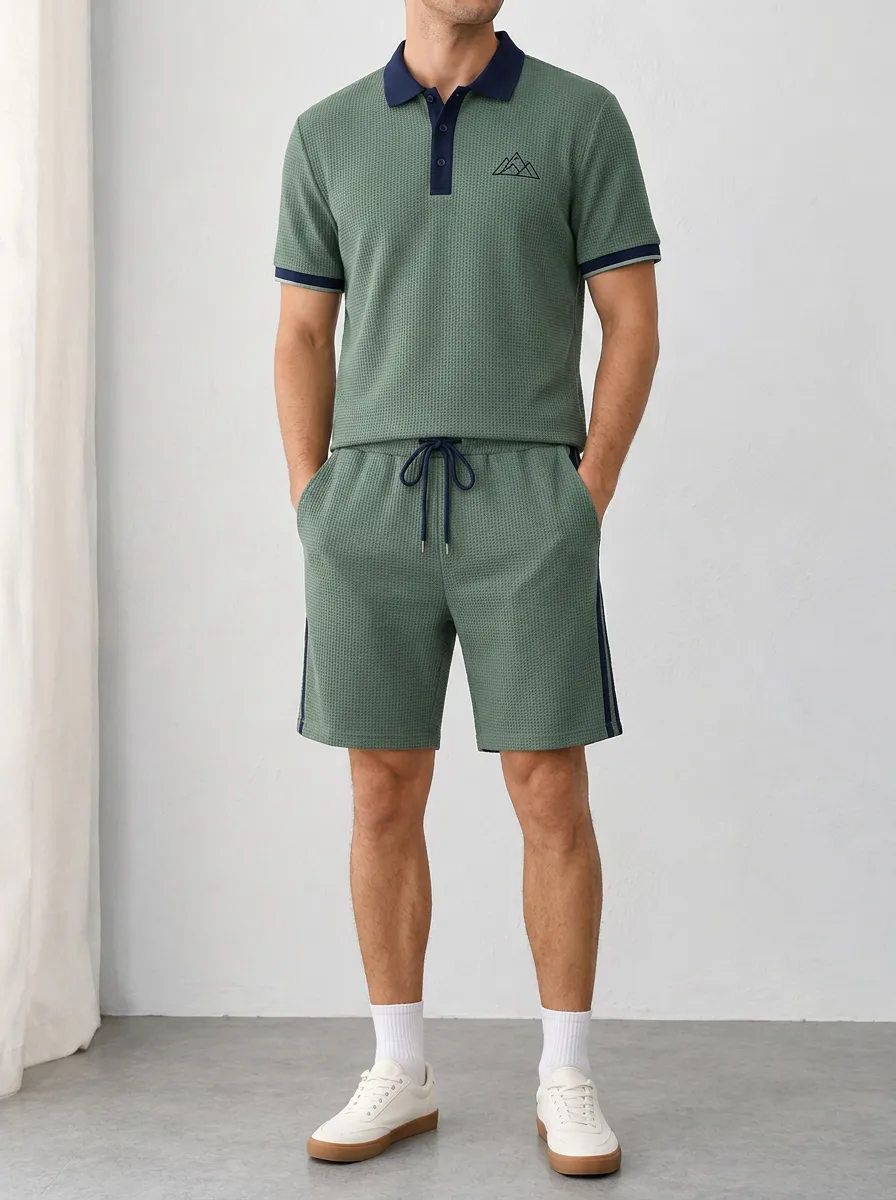 Men's Mountain Lover Waffle Knit Mountain Printed Polo Shirt