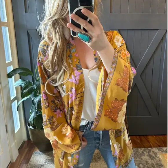 Floral Belted Kimono Sleeve Cardigan