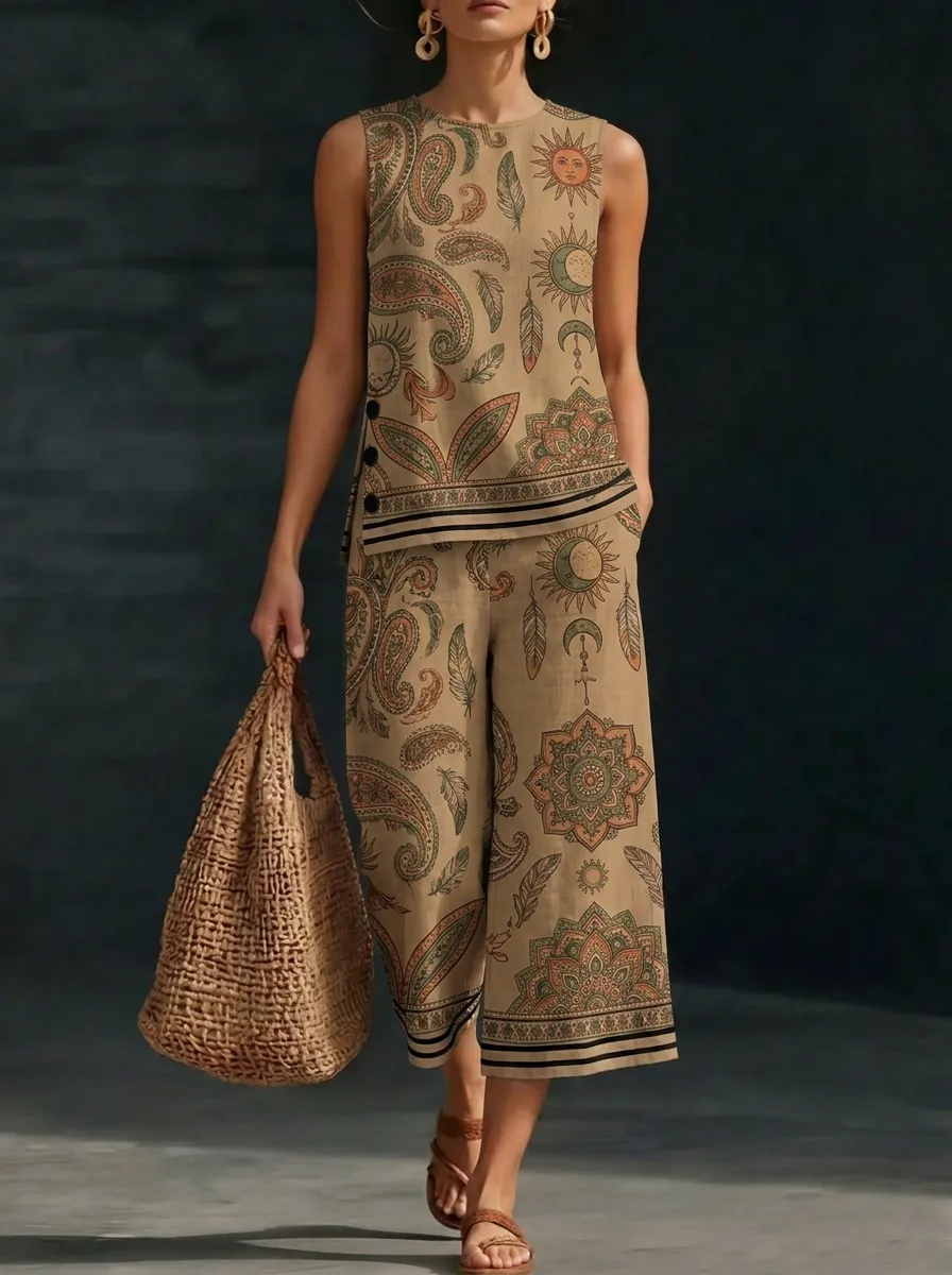 Women's Boho Sun Moon Paisley Printed Sleeveless Set