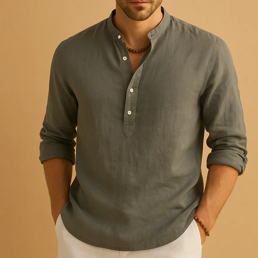 Linen Mandarin Collar Long Sleeve Shirt