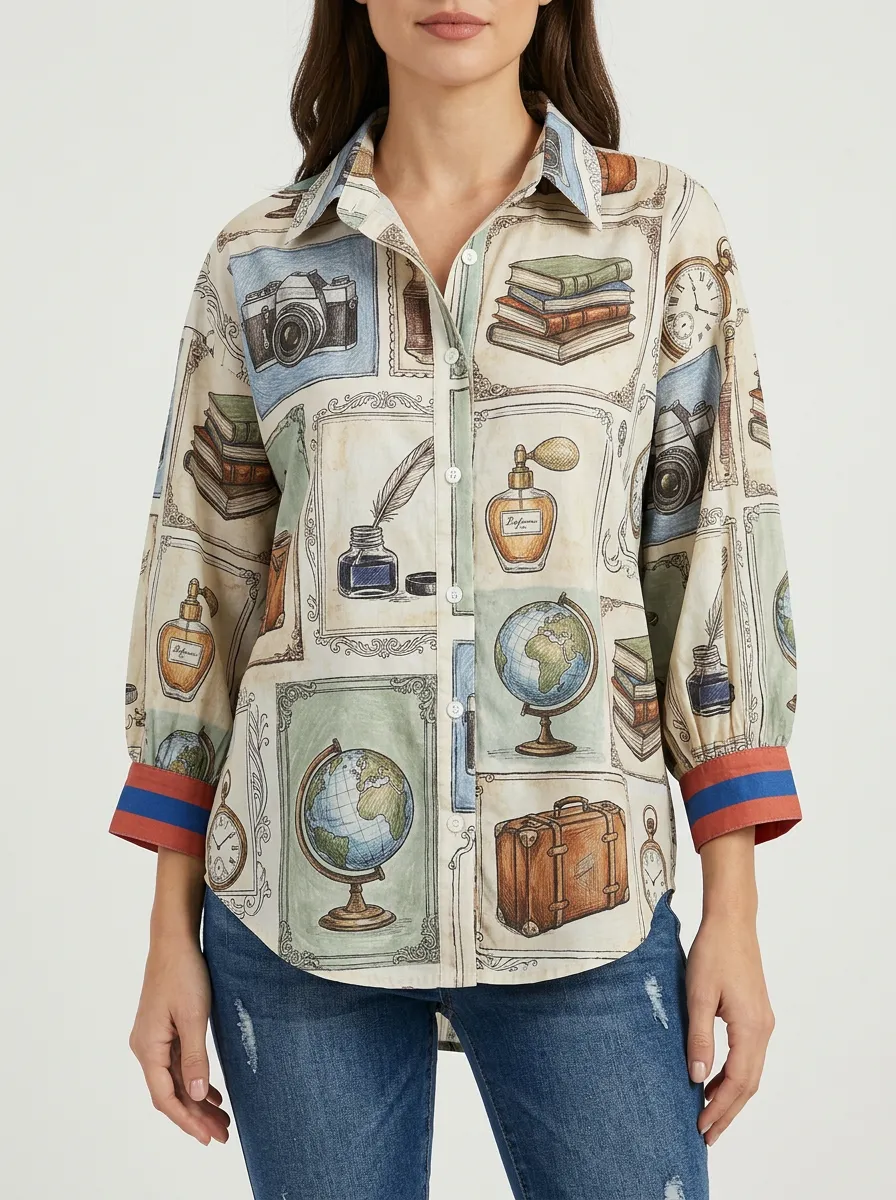 Women's Vintage Travel Hobbyist Globe Camera Book Printed Shirt