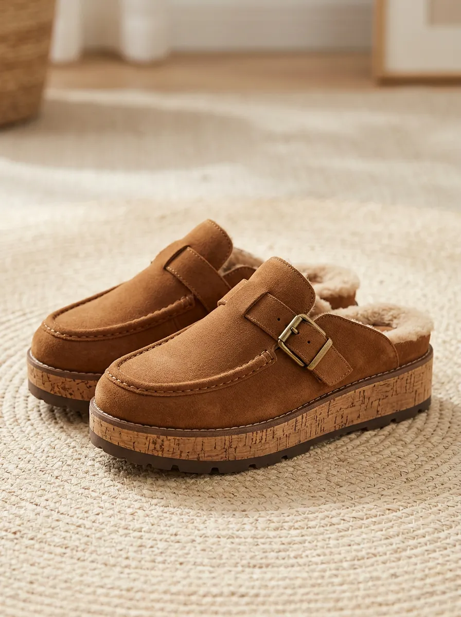 Women's Outdoor Faux Fur Lined Platform Casual Suede Wood Sole Loafers