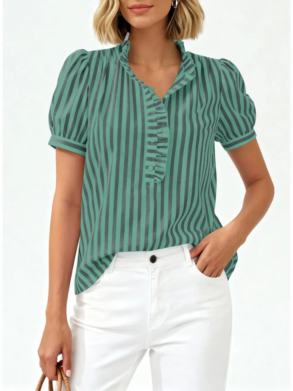 Frill Striped Puff Sleeve Buttoned Ruffled Blouse