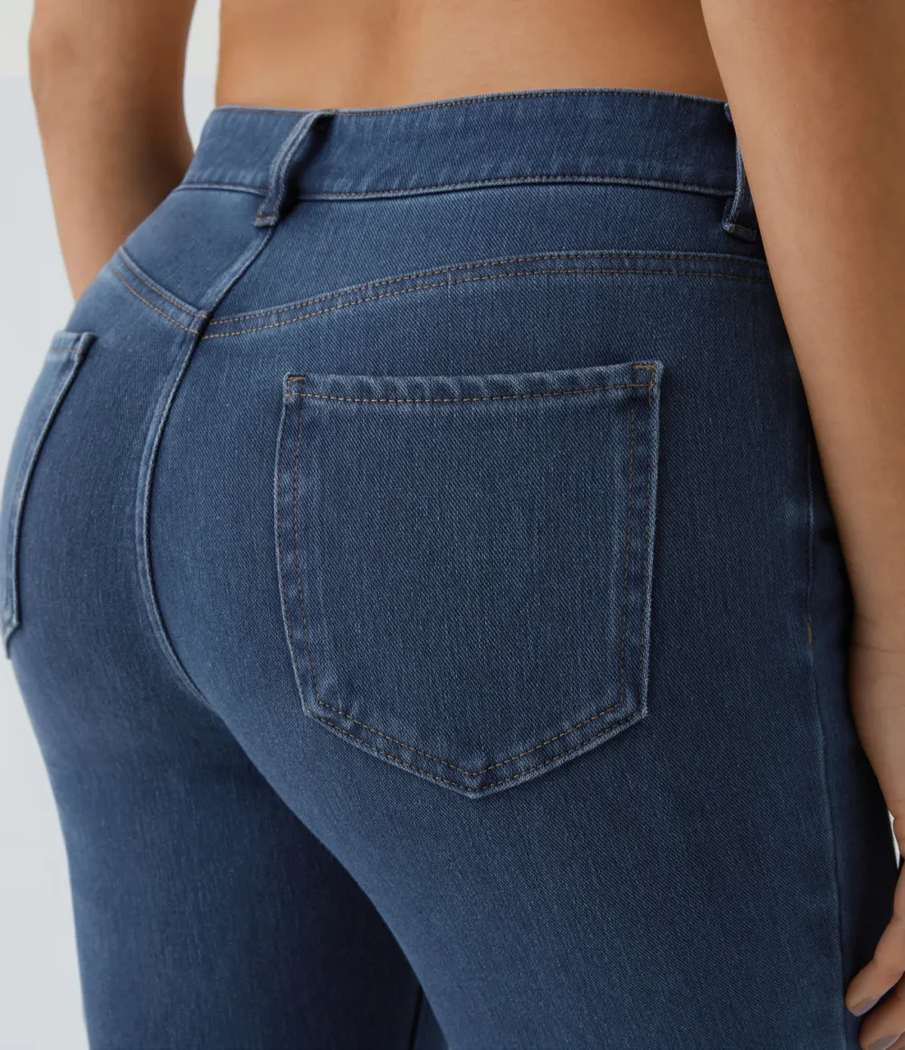 Magic Mid Rise Button Pockets Stretchy Knit Casual Bootcut Jeans