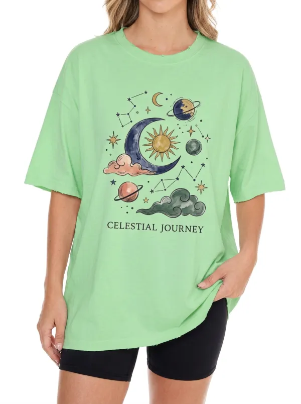 Women's Celestial Journey Moon Sun Planets Printed T-Shirt