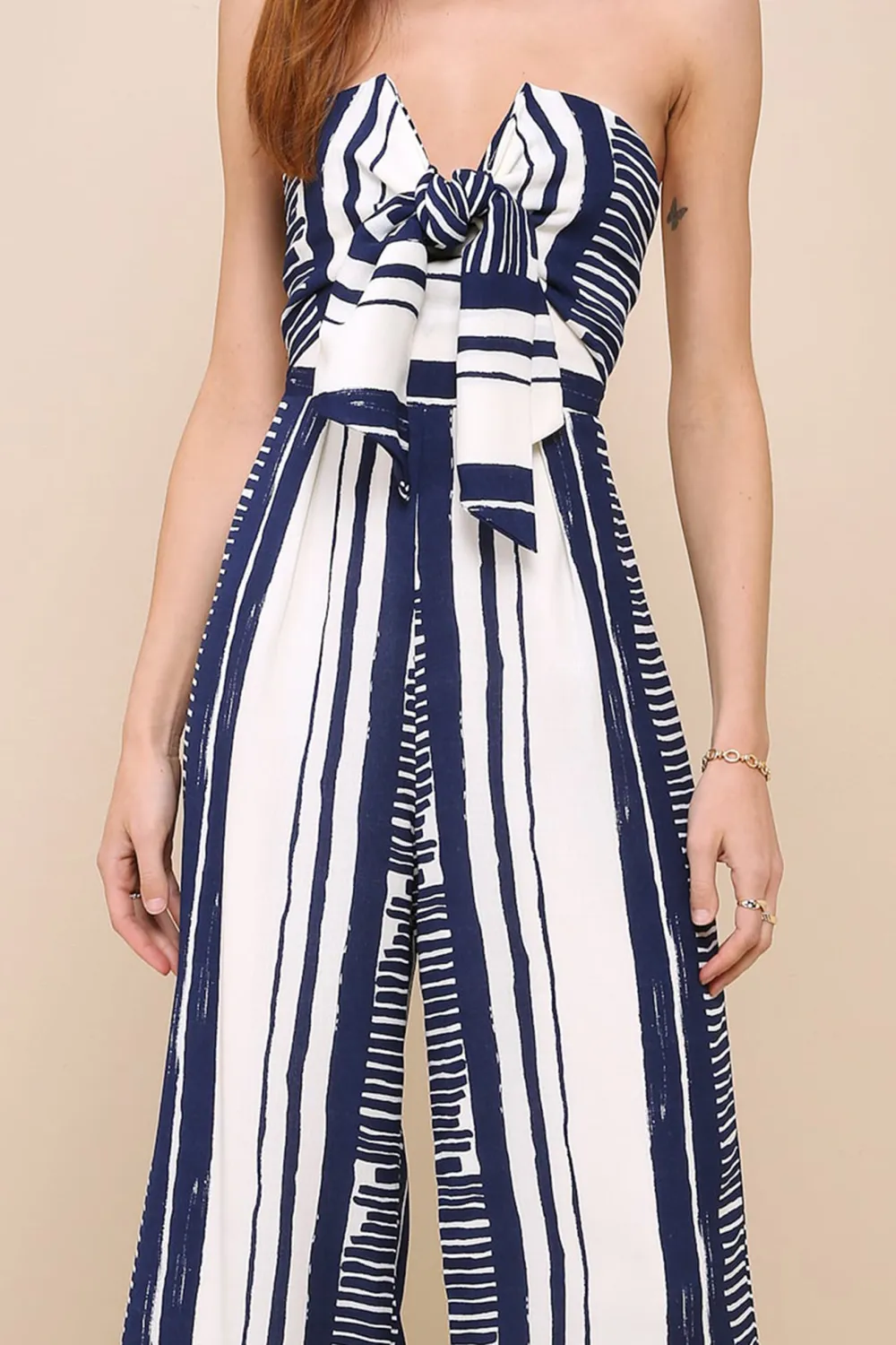 Daily Blue and White Striped Tie-Front Strapless Jumpsuit