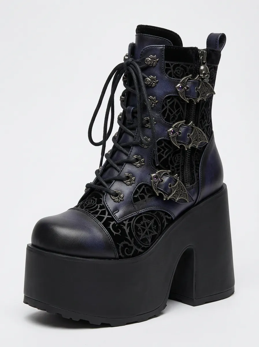 Nightfall Bat Rose Darkwear Style Women's Gothic Platform Boots