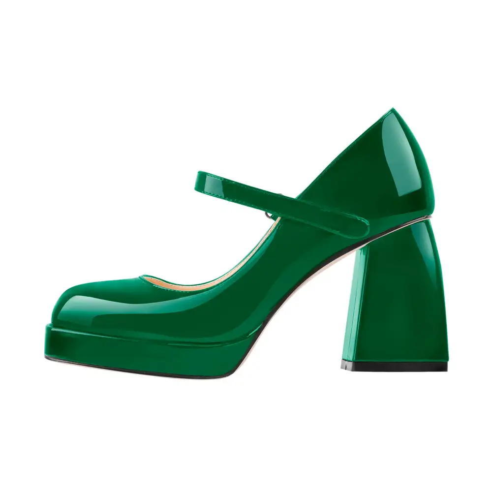 Square Toe Low Platform Chunky Heel Pumps