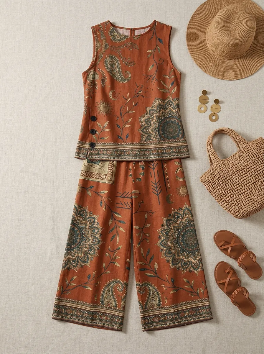Women's Boho Style Paisley Mandala Printed Sleeveless Set
