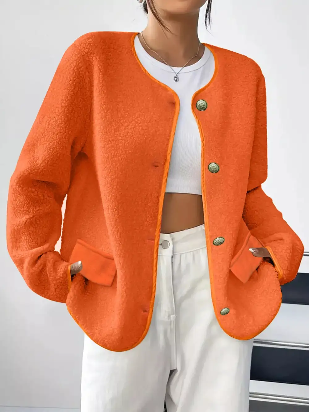 Full Size Textured Button-up Fleece Outerwear Plus Size