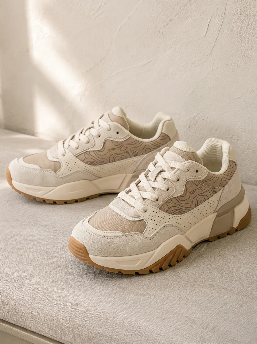Women's Beige Topographic Pattern Printed Sneakers