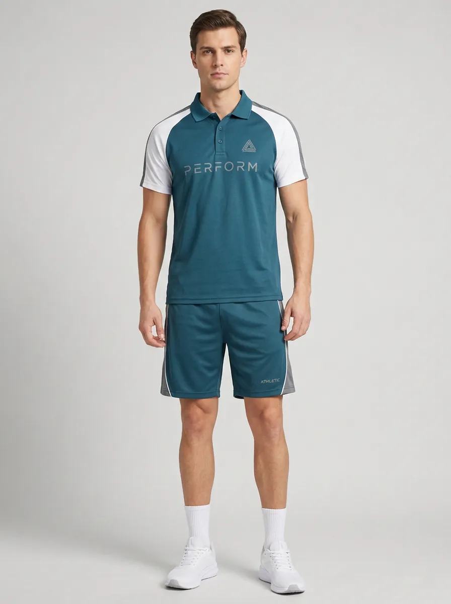 Men's Athletic Sports Perform Printed Polo Shirt and Shorts Set