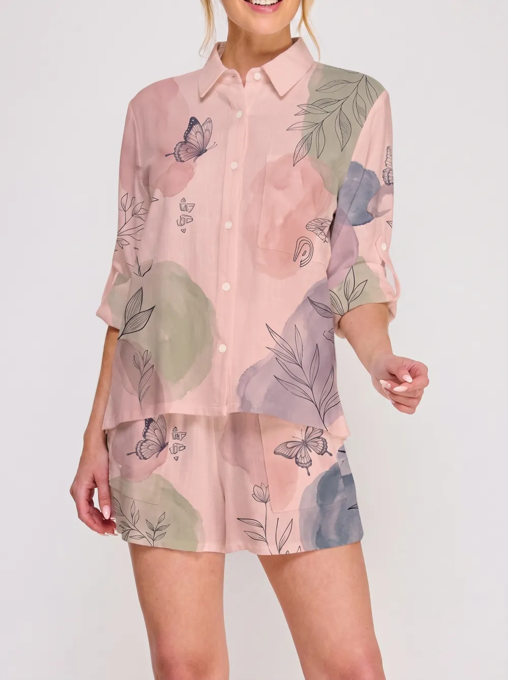 Women's Butterfly Floral Watercolor Printed Button-Down Shirt