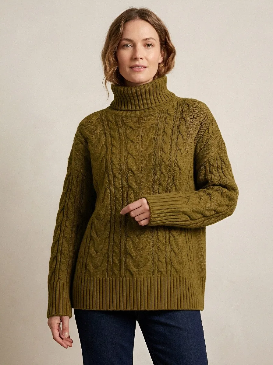 Women's Ribbed Long-Sleeve Cable-Knit Turtleneck Sweater