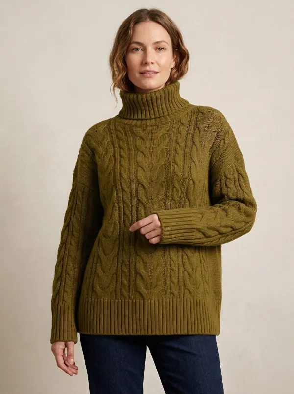 Women's Ribbed Long-Sleeve Cable-Knit Turtleneck Sweater