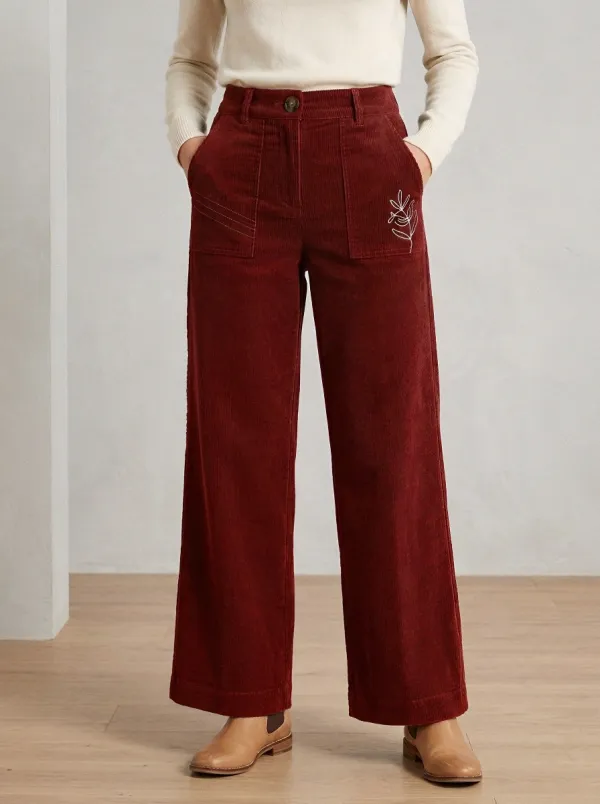 Women's Botanical Lover Floral Line Art Embroidered Corduroy Pants
