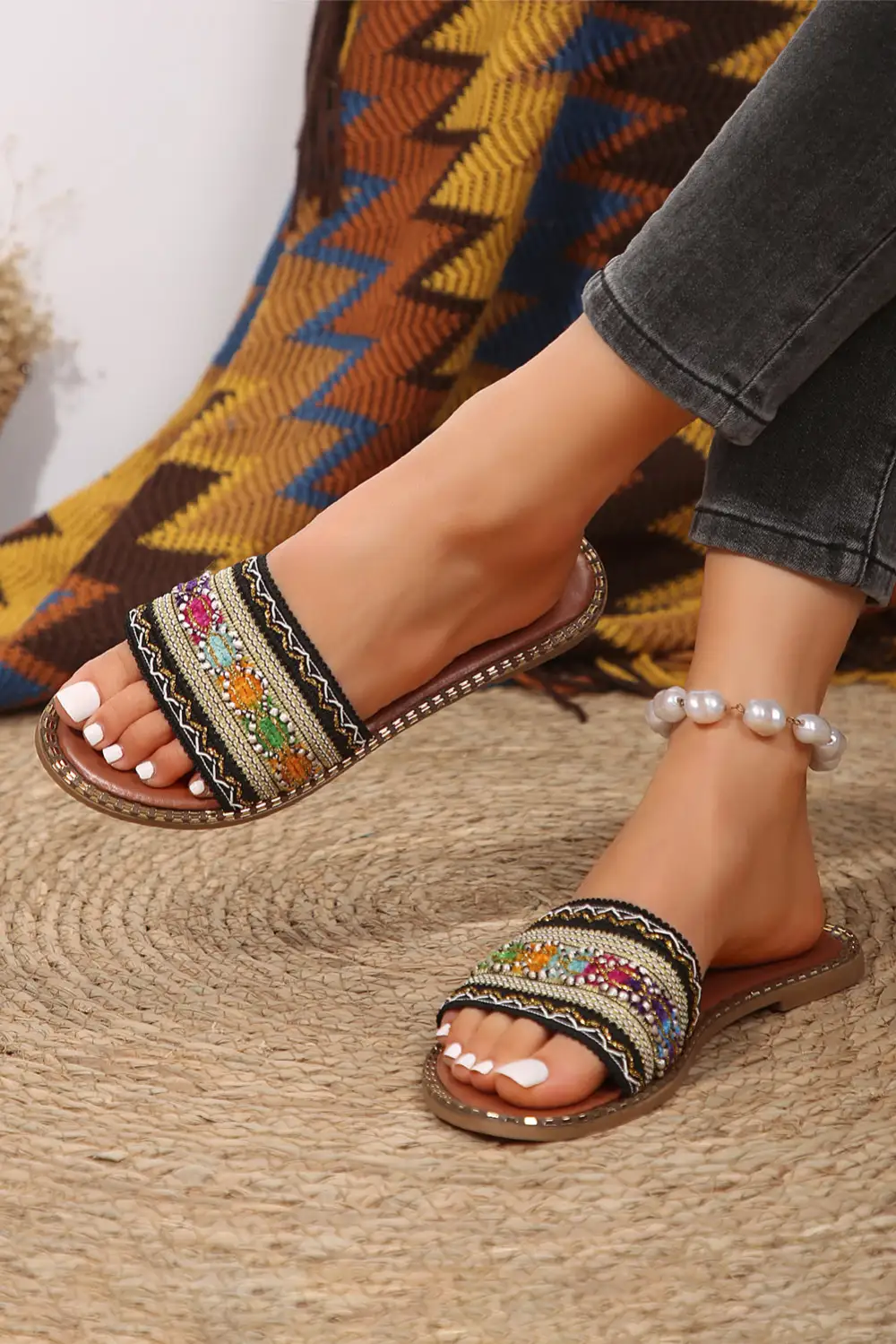 Bohemian Pattern Crochet Faux Leather Beach Slide Slippers