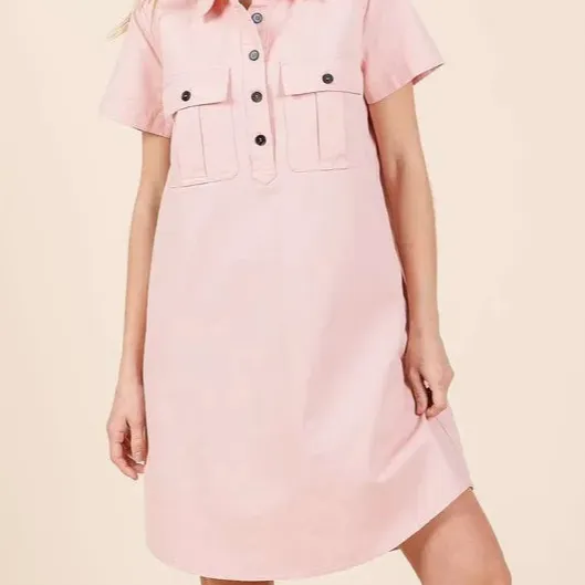 Button Detail Collared Neck Short Sleeve Shirt Dress