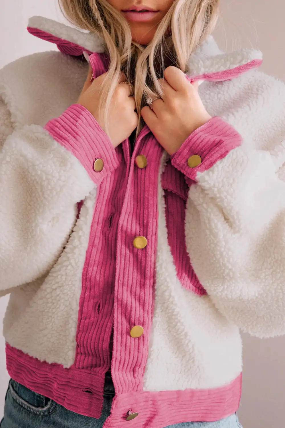 Sherpa Corduroy Patchwork Button-Up Crop Jacket