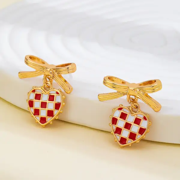 Checkered Heart Bow Drop arrings