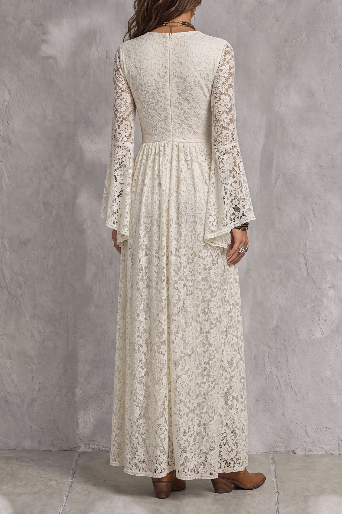 Plunge Neck Pleated Lace Maxi Dress