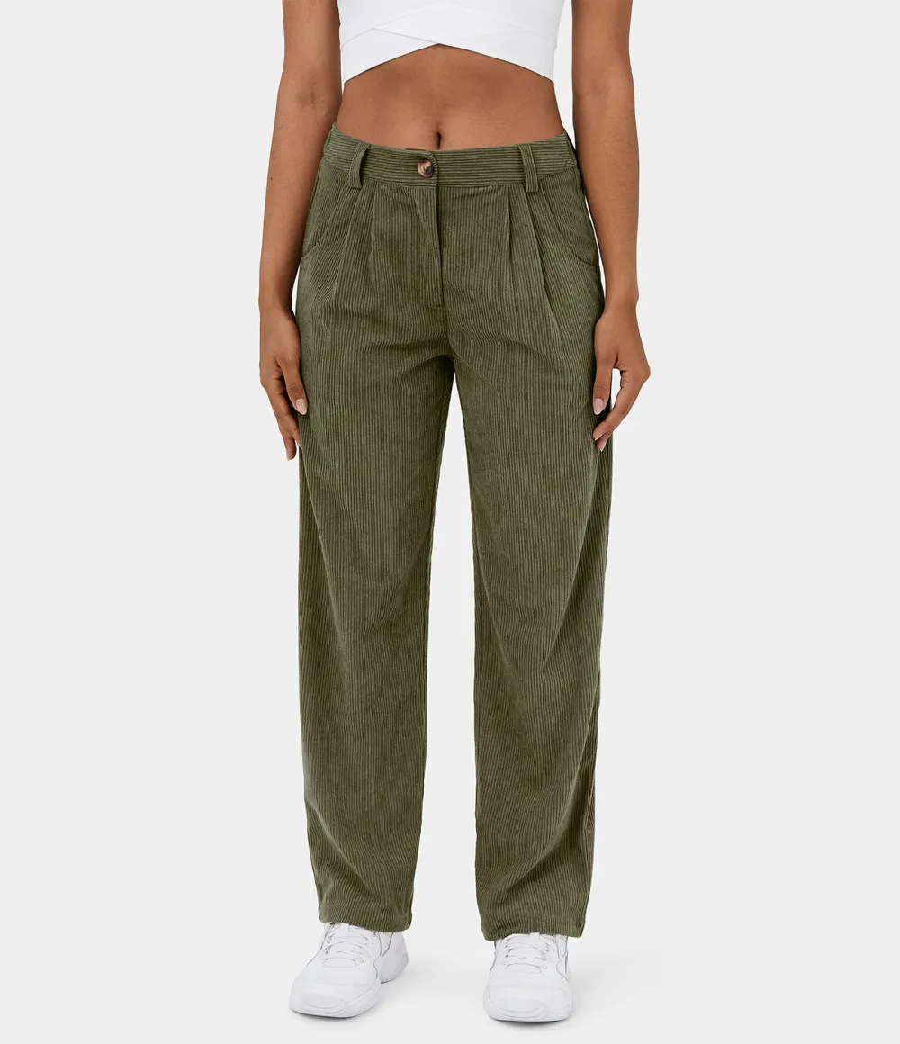 Mid Rise Button Zipper Side Pocket Corduroy Casual Pants